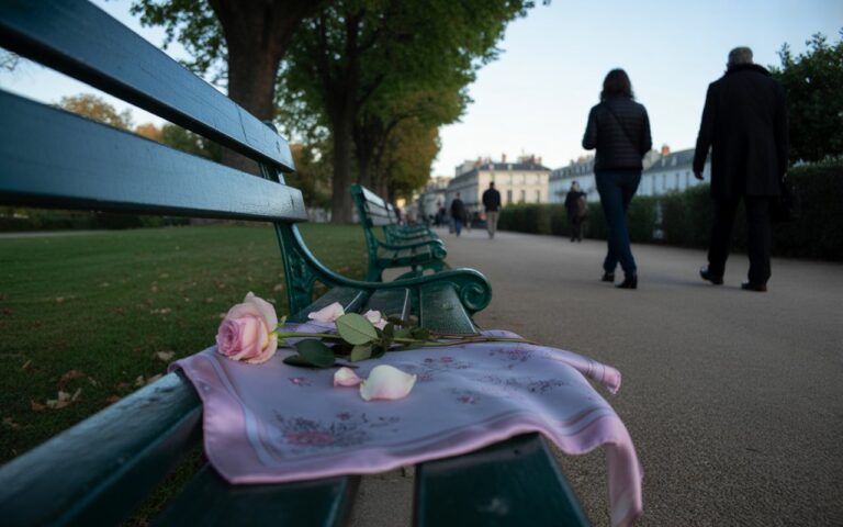Allée romantique, écharpe sur banc, crépuscule.