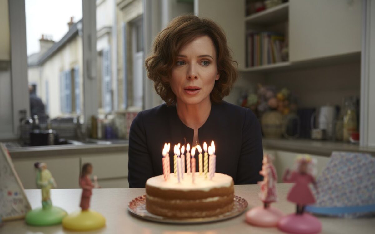 Gâteau d'anniversaire sur comptoir de cuisine.