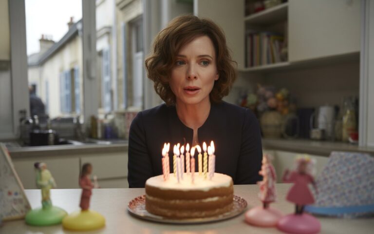 Gâteau d'anniversaire sur comptoir de cuisine.