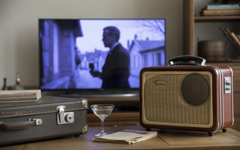 Salon français, valise vintage et télé floue.