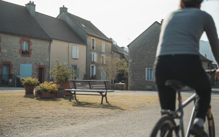 Village paisible, maisons en pierre, banc fleuri, cycliste flou.