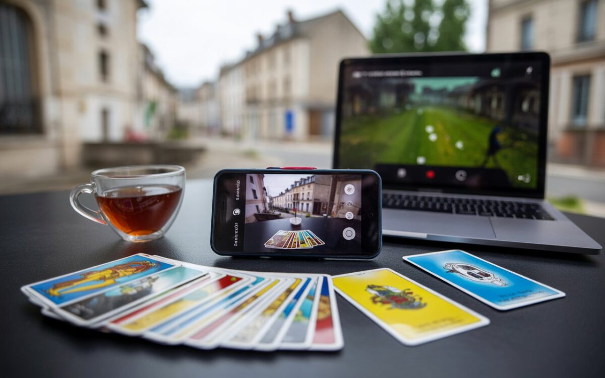 Table, cartes de tarot, thé, ordinateur flou.