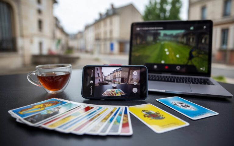 Table, cartes de tarot, thé, ordinateur flou.
