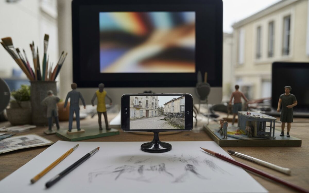 Atelier, maquettes, pinceaux, écran flou.