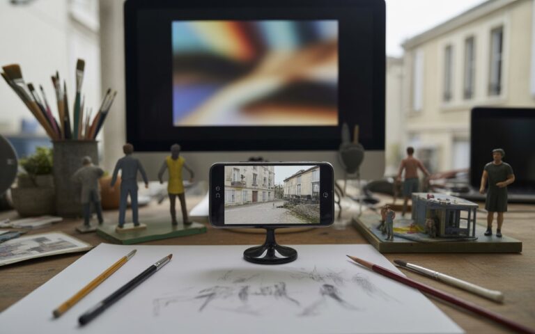 Atelier, maquettes, pinceaux, écran flou.