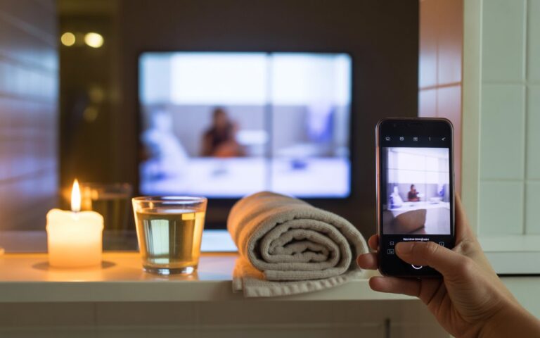 Salle de bain, bougie, tisane, serviette, télé floue.