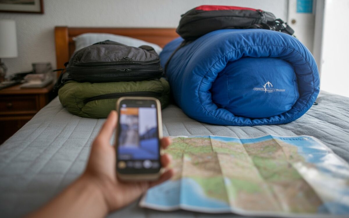 Chambre d'hôte, sacs de couchage, sacs, carte floue.