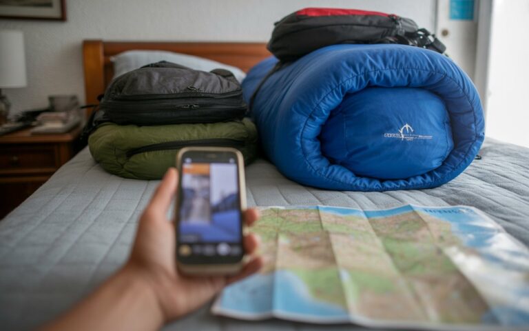Chambre d'hôte, sacs de couchage, sacs, carte floue.
