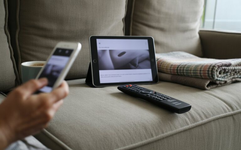 Canapé, télécommande, tablette floue, café.