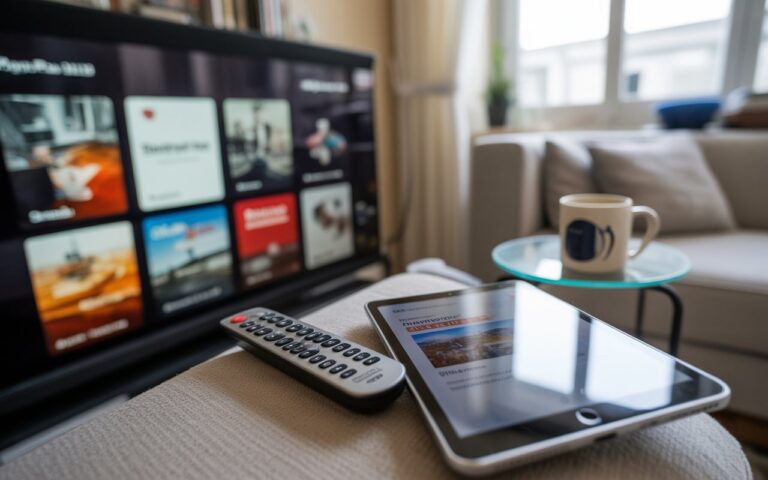 Salon, télécommande, tablette floue, coussin, mug.