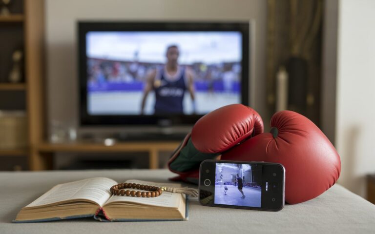 Étagère, gants de boxe, livre, télé floue.