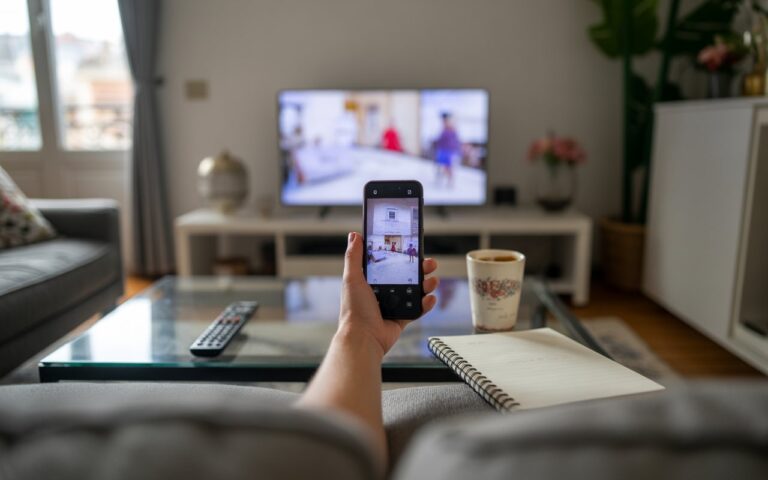 Salon français, télé floue, télécommande, carnet audience.