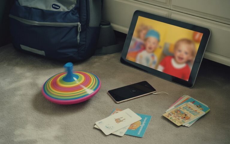 Chambre enfant, toupie, tablette floue, cartes.