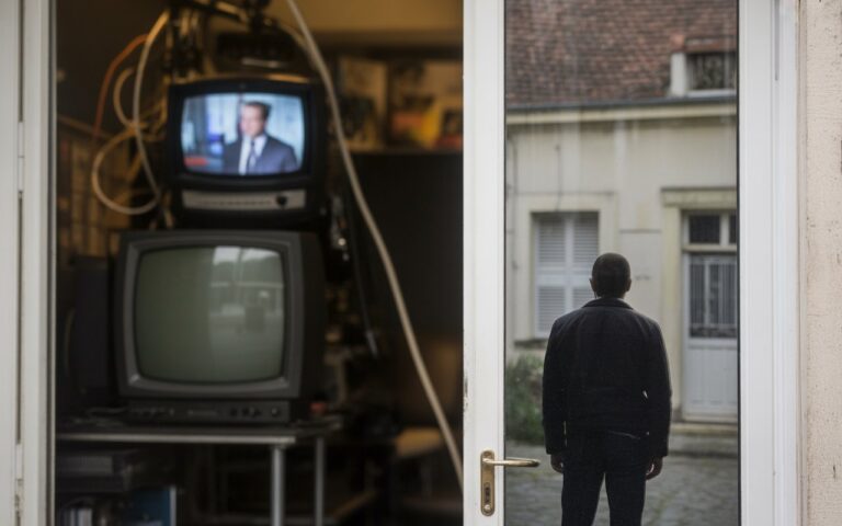 Plateau télé vu de loin, silhouette de dos, écran flou.