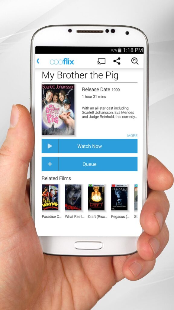 Interface de l'application CoolFlix affichant des films gratuits sans publicités
