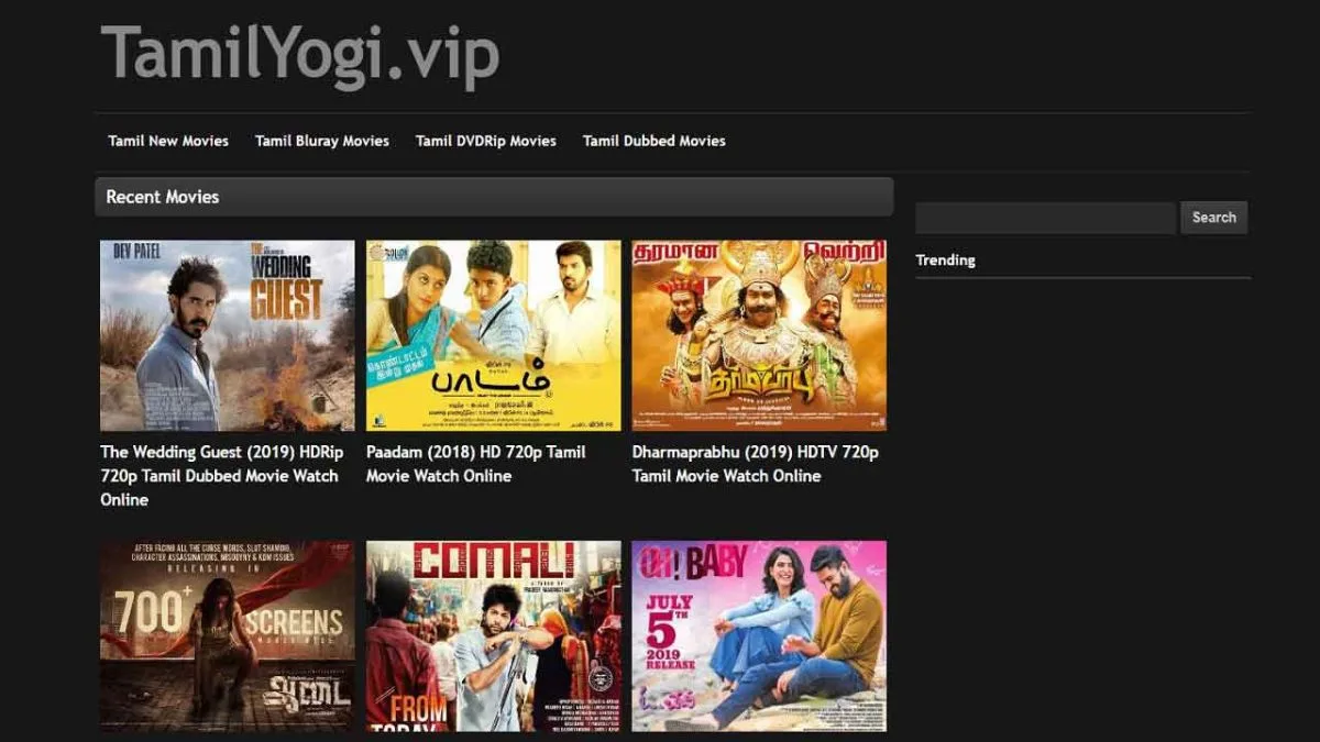 Interface du site TamilYogi avec des films tamouls en streaming