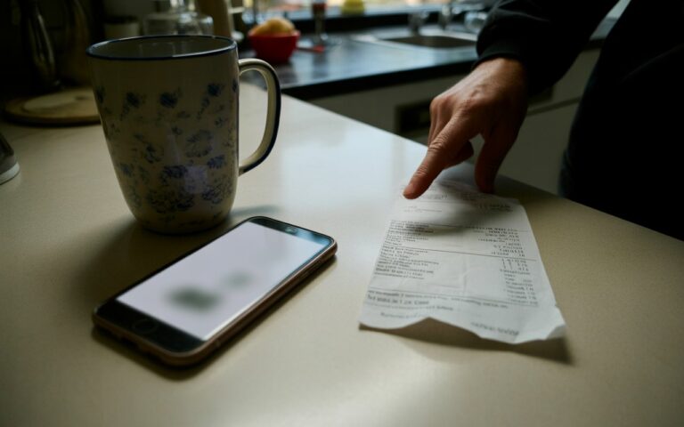 Téléphone flou, mug et doigts sur table.
