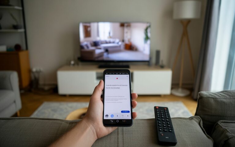 Main tient téléphone vers télévision floue.