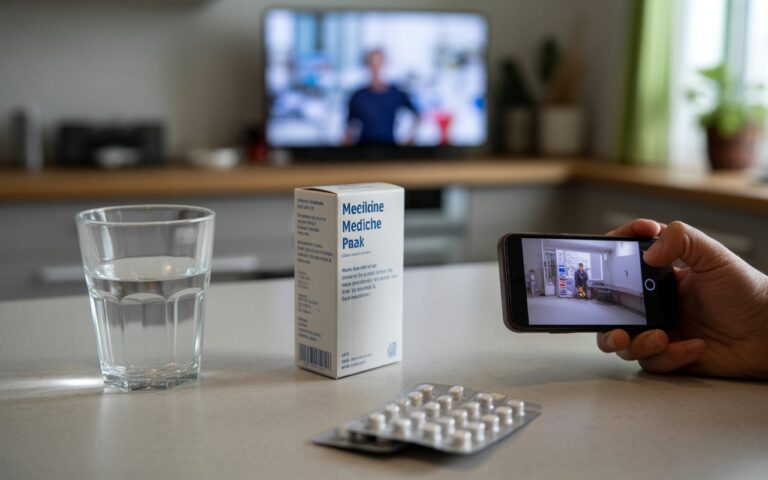 Cuisine, boîte de médicament, eau, télé floue.