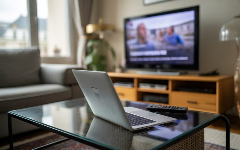 Salon avec télévision floue, ordinateur et télécommande.