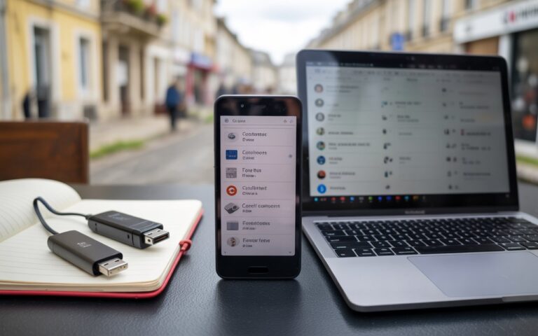 Clés USB, carnet et ordinateur flou sur bureau.