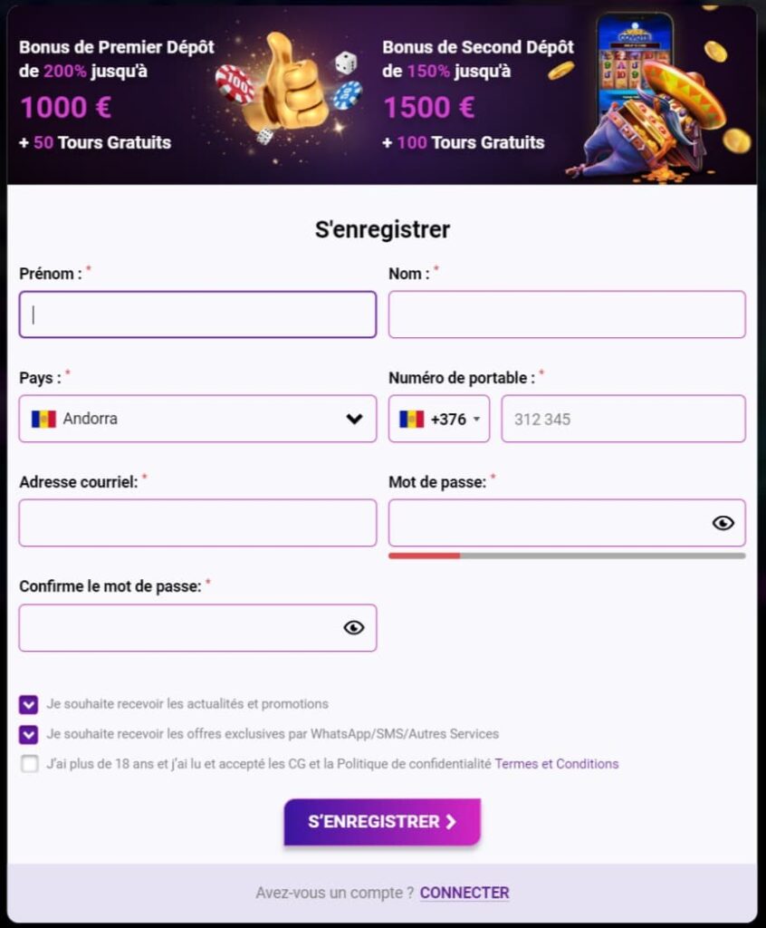 Page d’inscription sur Europe Fortune Casino mettant en avant les bonus de bienvenue