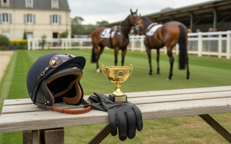 Casque, gants et trophée à l'écurie, chevaux flous.