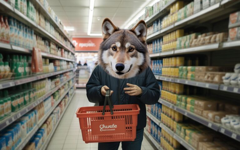 Rayon supermarché, panier et peluche loup.