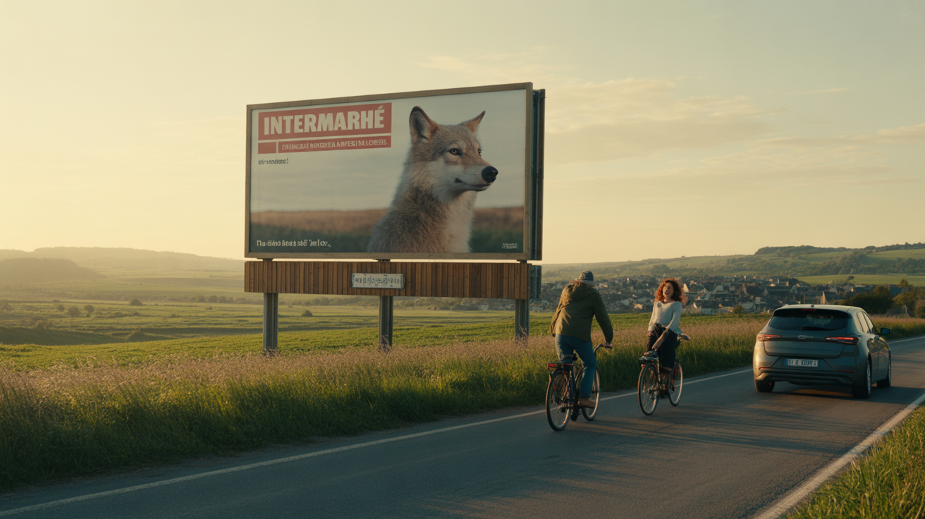 panneau publicitaire Intermarché inspiré de la campagne du loup au bord d’une route de campagne française, au coucher du soleil, avec un décor naturel et des passants réalistes