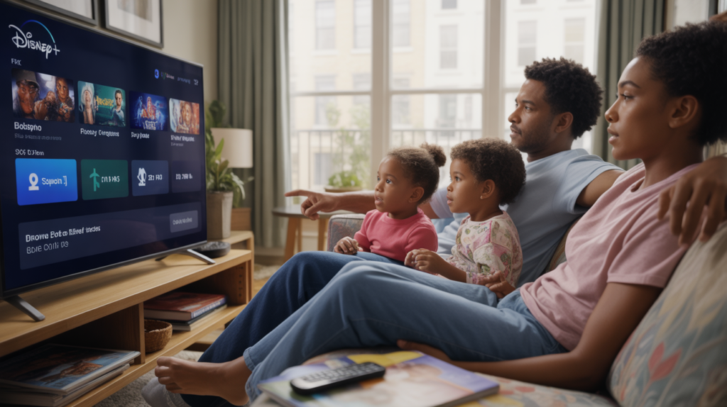 Famille dans un salon lumineux et réaliste parcourant les options d’abonnement Disney+ sur une grande télévision.
