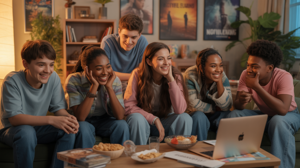 Groupe d’adolescents discutant et regardant des séries dans un salon chaleureux et réaliste au coucher du soleil.
