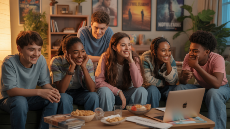 Groupe d’adolescents discutant et regardant des séries dans un salon chaleureux et réaliste au coucher du soleil.