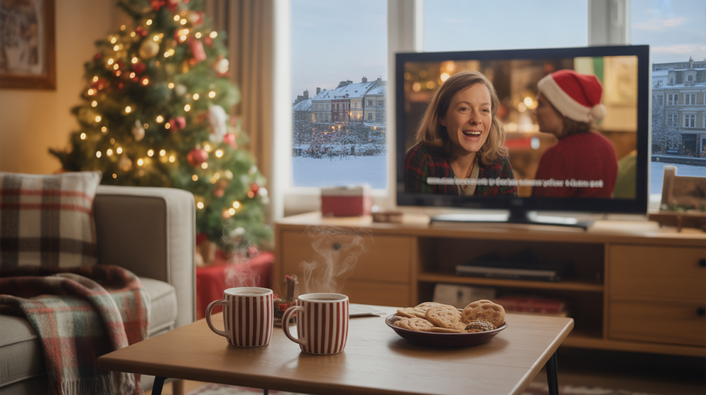 Salon chaleureux décoré pour Noël avec sapin illuminé, télé allumée en arrière-plan et ambiance hivernale réaliste.