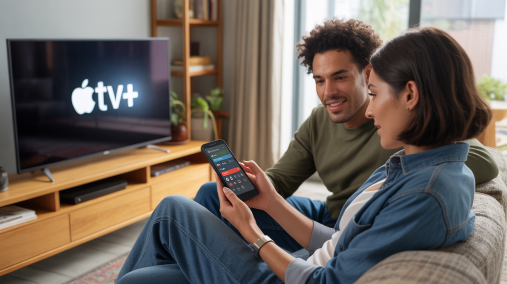 Salon moderne réaliste où un couple discute des options d’abonnement Apple TV+ 2026 devant une télévision allumée dans une ambiance naturelle.