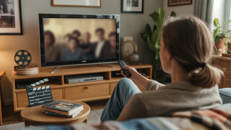 Salon chaleureux au crépuscule avec une personne de dos prête à regarder des classiques du cinéma à la télévision, décor réaliste et ambiance naturelle.