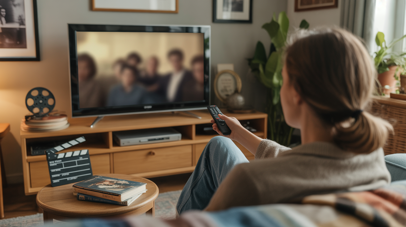Salon chaleureux au crépuscule avec une personne de dos prête à regarder des classiques du cinéma à la télévision, décor réaliste et ambiance naturelle.