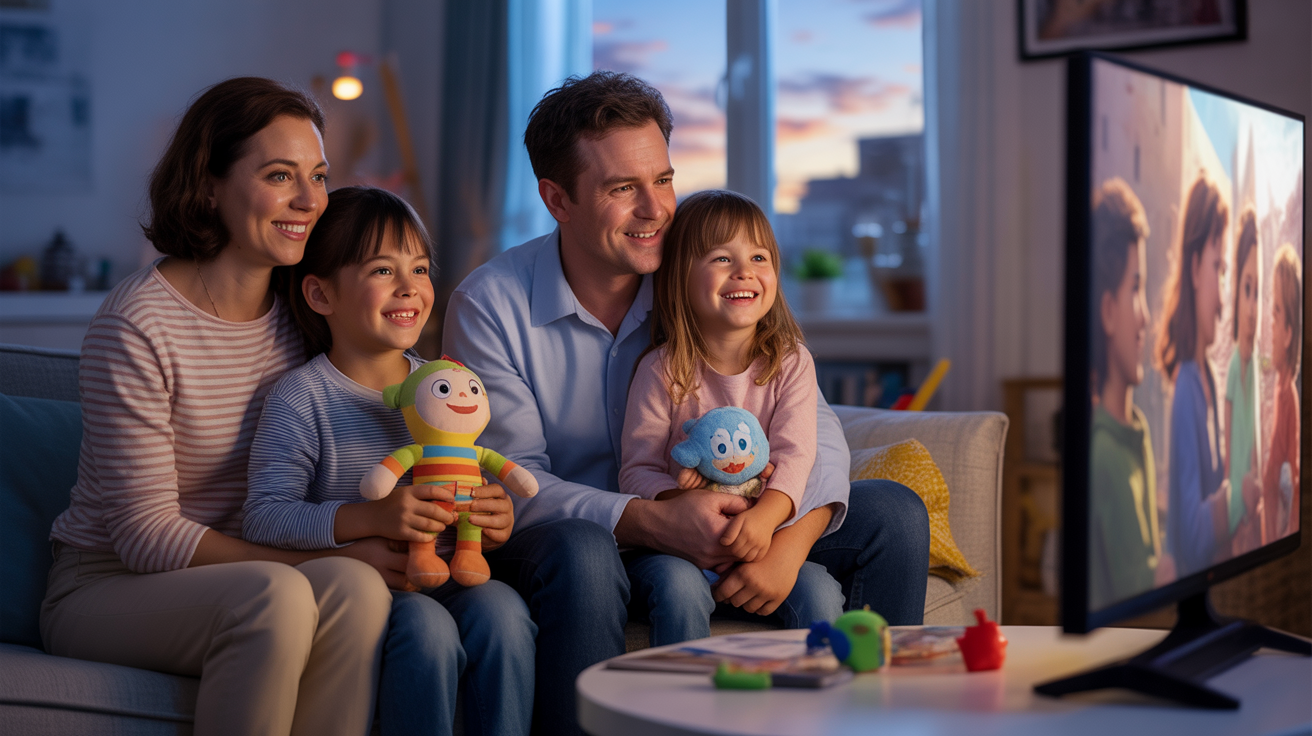 Famille réunie dans un salon chaleureux au coucher du soleil, regardant des films d’animation avec une ambiance réaliste et des détails authentiques.