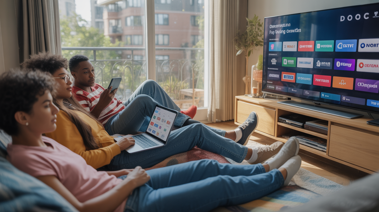 Groupe de jeunes adultes dans un salon moderne comparant des services de streaming sur une télévision et leurs appareils personnels.
