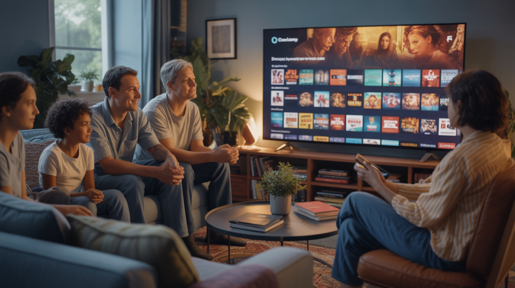 Scène réaliste d’un salon chaleureux où un groupe de personnes regarde un grand écran affichant une interface de plateforme de streaming fictive.