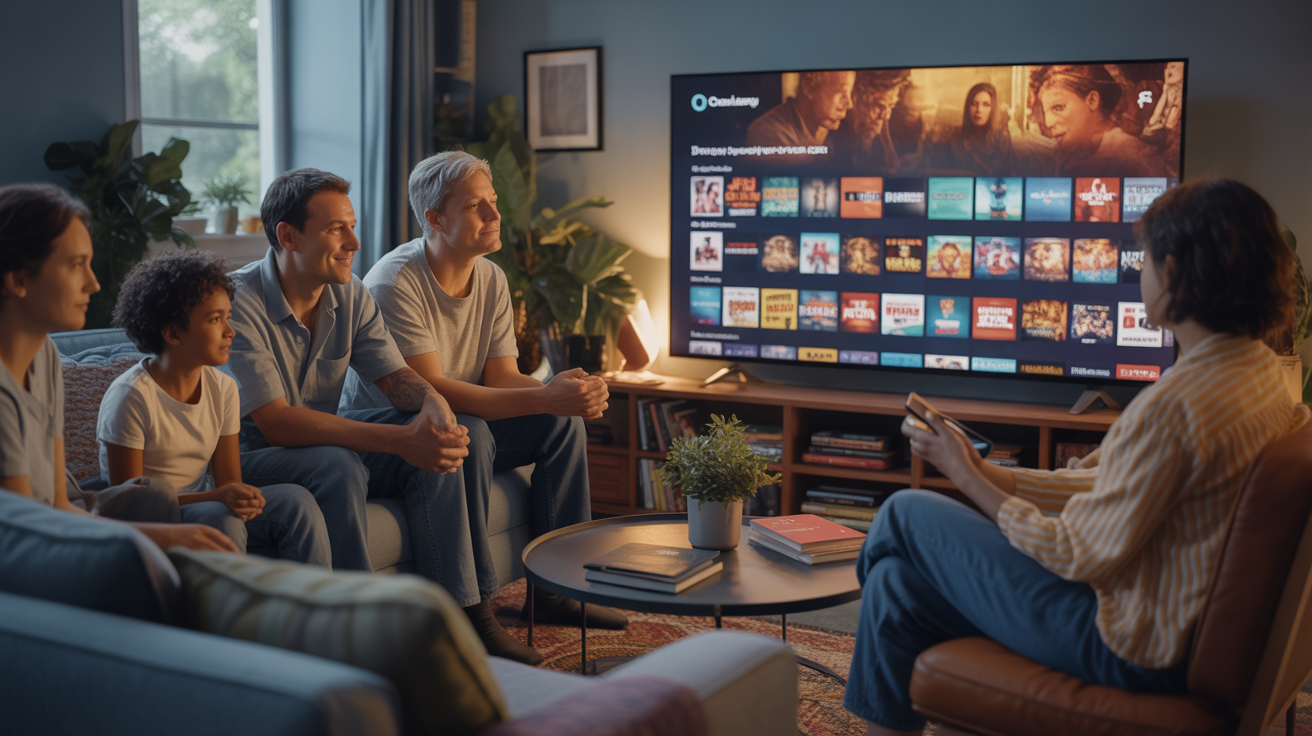Scène réaliste d’un salon chaleureux où un groupe de personnes regarde un grand écran affichant une interface de plateforme de streaming fictive.