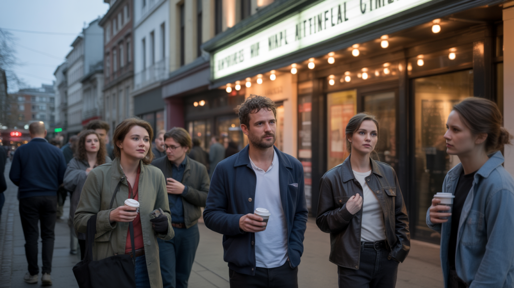 Scène réaliste devant un cinéma d’art et d’essai européen au crépuscule avec des passants discutant et entrant dans la salle.