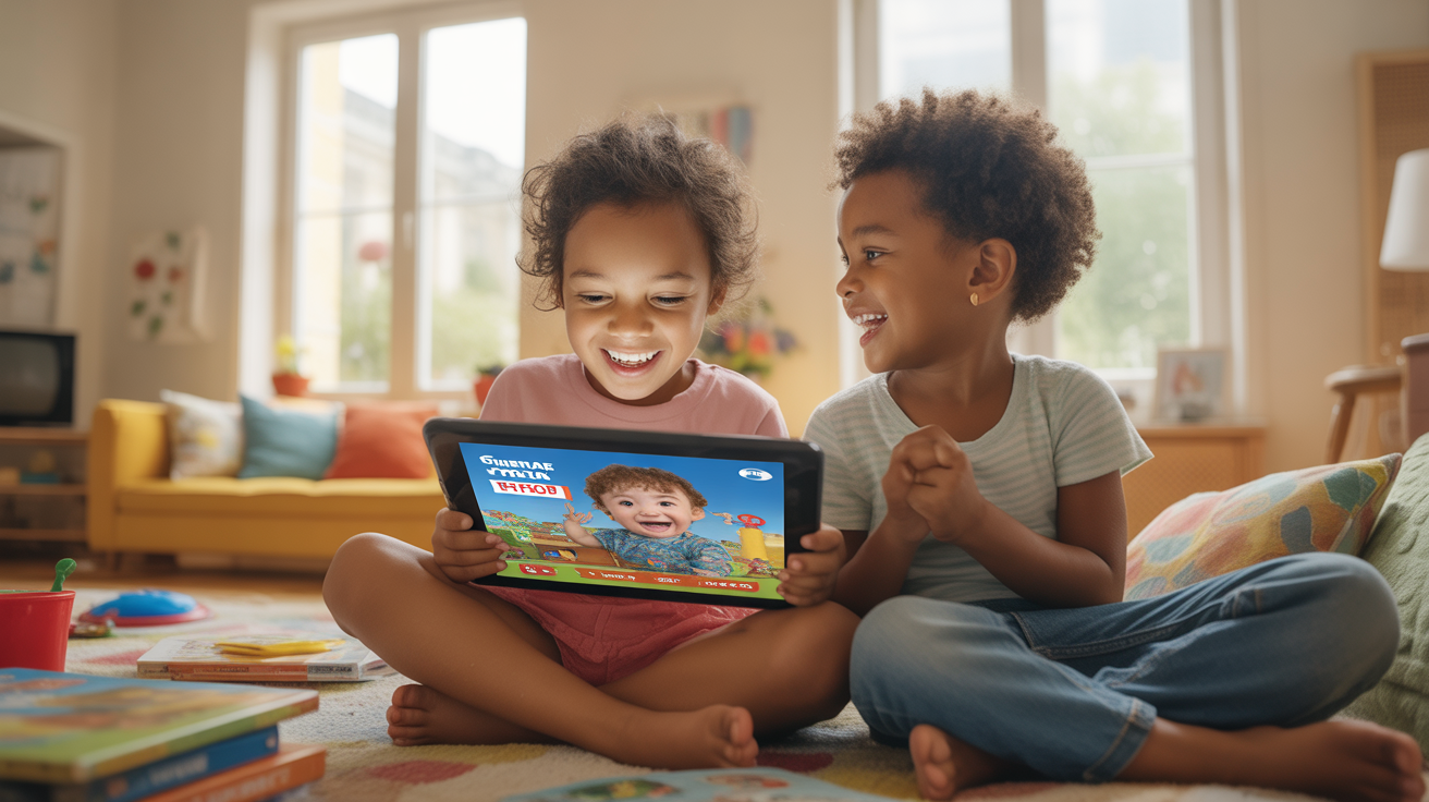 Enfants regardant une émission jeunesse sur une tablette dans un salon lumineux et réaliste, ambiance familiale chaleureuse.