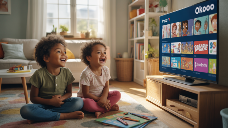 Scène réaliste d’un salon familial français où des enfants regardent des dessins animés via Okoo sur France TV.
