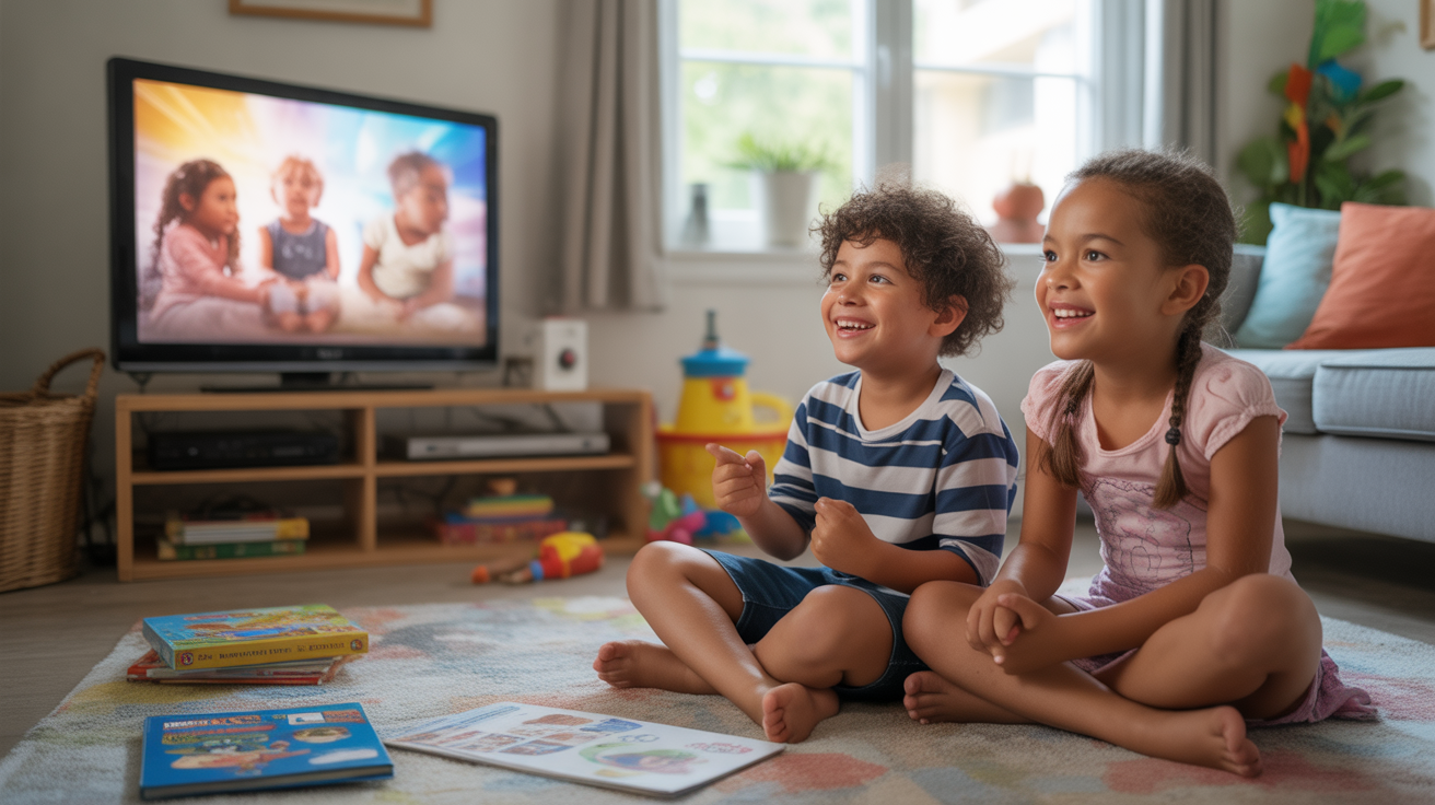 Deux enfants regardent des programmes jeunesse dans un salon lumineux et réaliste, assis sur un tapis devant une télévision, entourés de jouets et d’objets du quotidien.