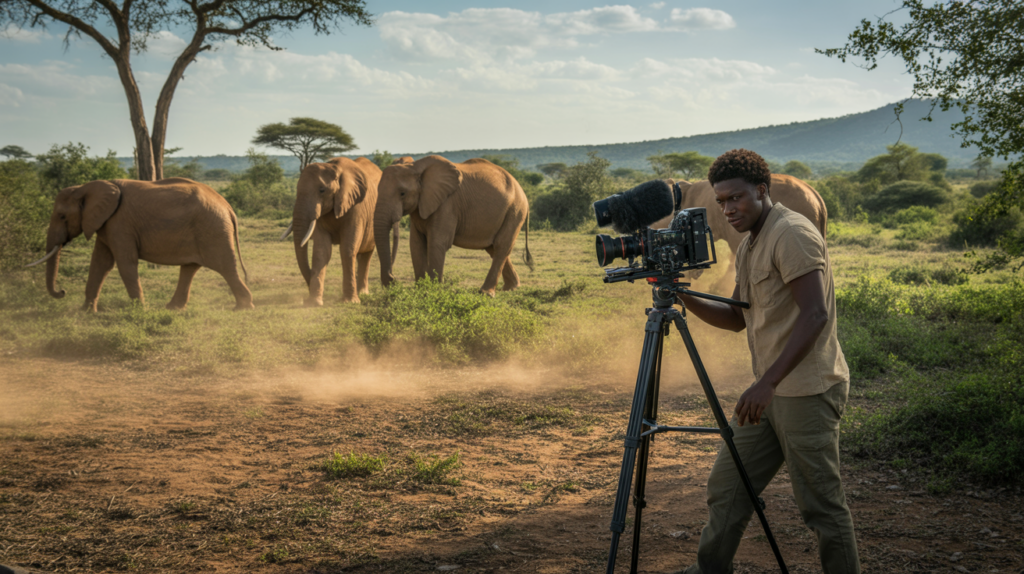 Scène réaliste d’un réalisateur animalier filmant des éléphants dans une savane ensoleillée, avec un paysage naturel détaillé et authentique.