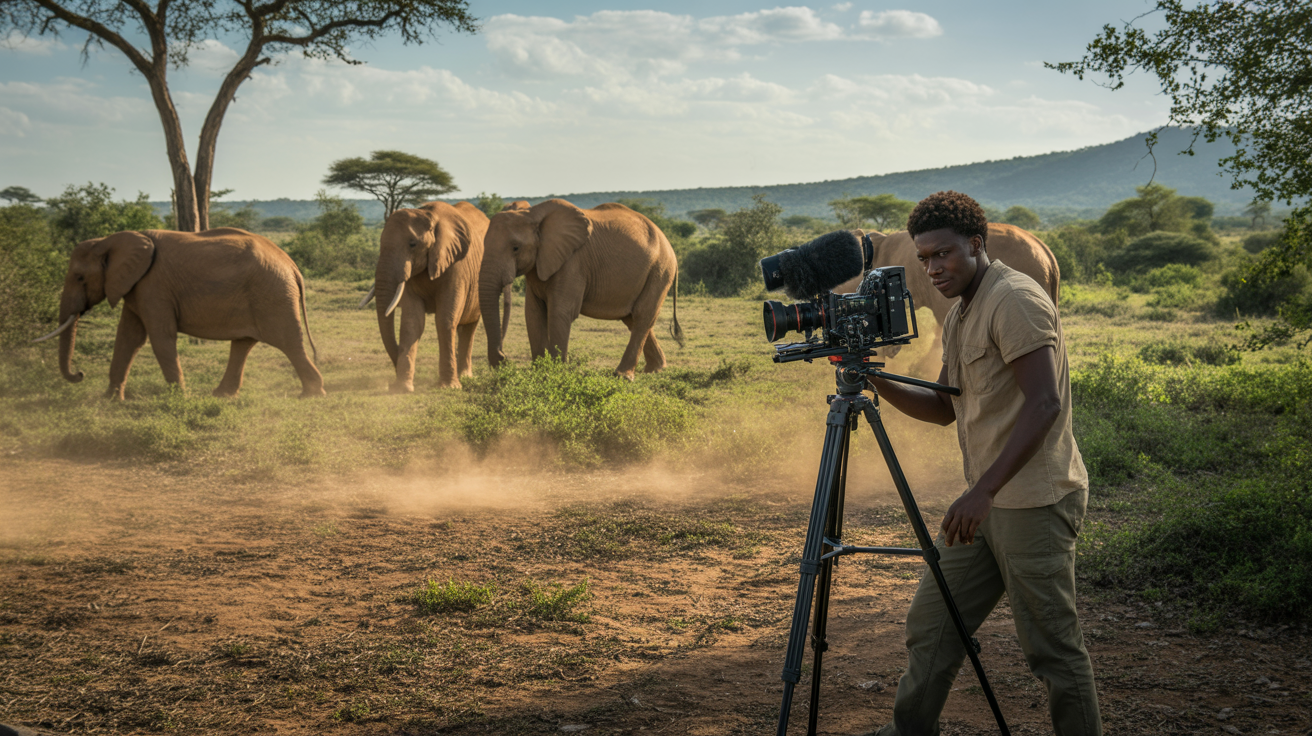 Scène réaliste d’un réalisateur animalier filmant des éléphants dans une savane ensoleillée, avec un paysage naturel détaillé et authentique.