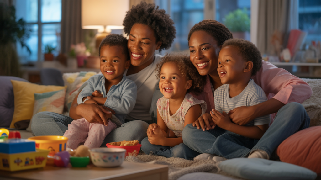 Famille réaliste réunie dans un salon chaleureux regardant la télévision ensemble, ambiance authentique et naturelle.