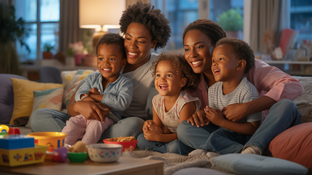 Famille réaliste réunie dans un salon chaleureux regardant la télévision ensemble, ambiance authentique et naturelle.