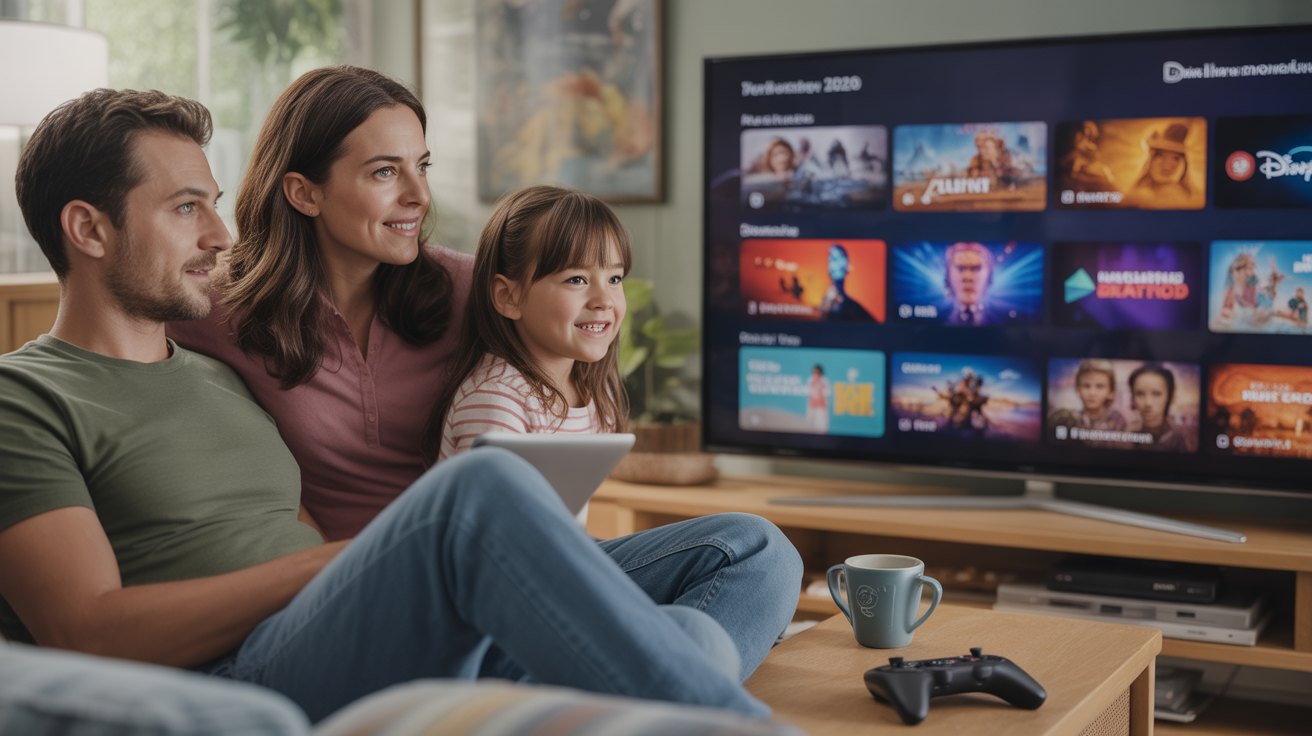 Famille regardant un service de streaming dans un salon réaliste et lumineux en 2026, avec une scène naturelle et des détails authentiques.