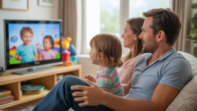 Scène réaliste d’une famille regardant une émission pour enfants dans un salon chaleureux et naturel, avec des détails authentiques et des couleurs vives.